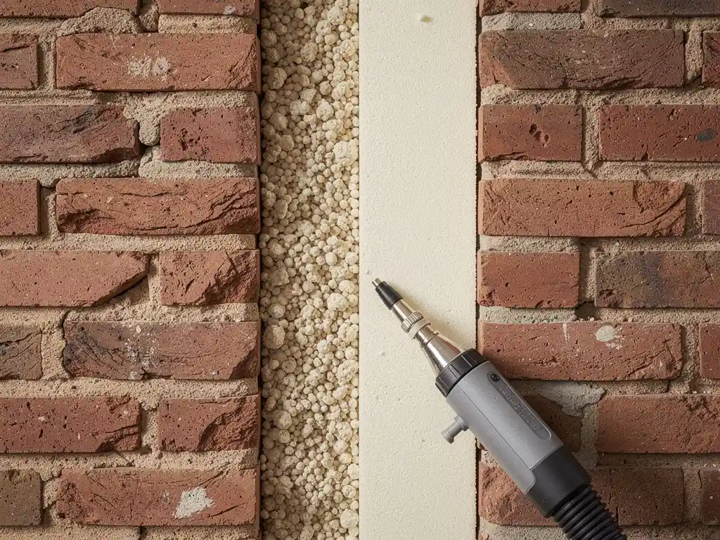 Doorsnede van een Dutch spouwmuur met los ingeblazen granulaat en geïnjecteerd spouwmuurschuim naast elkaar, professionele isolatieslang tegen verweerde rode baksteen.