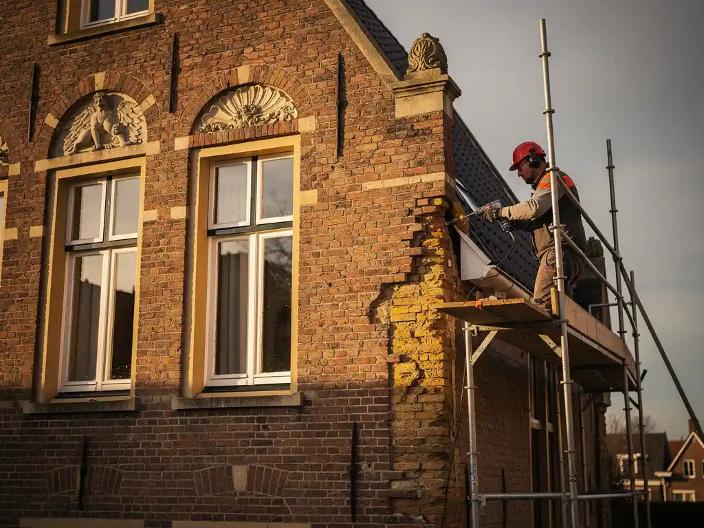 Specialist boort precisiegat in spouwmuur van historische Nederlandse bakstenen monumentenwoning voor isolatie-injectie.