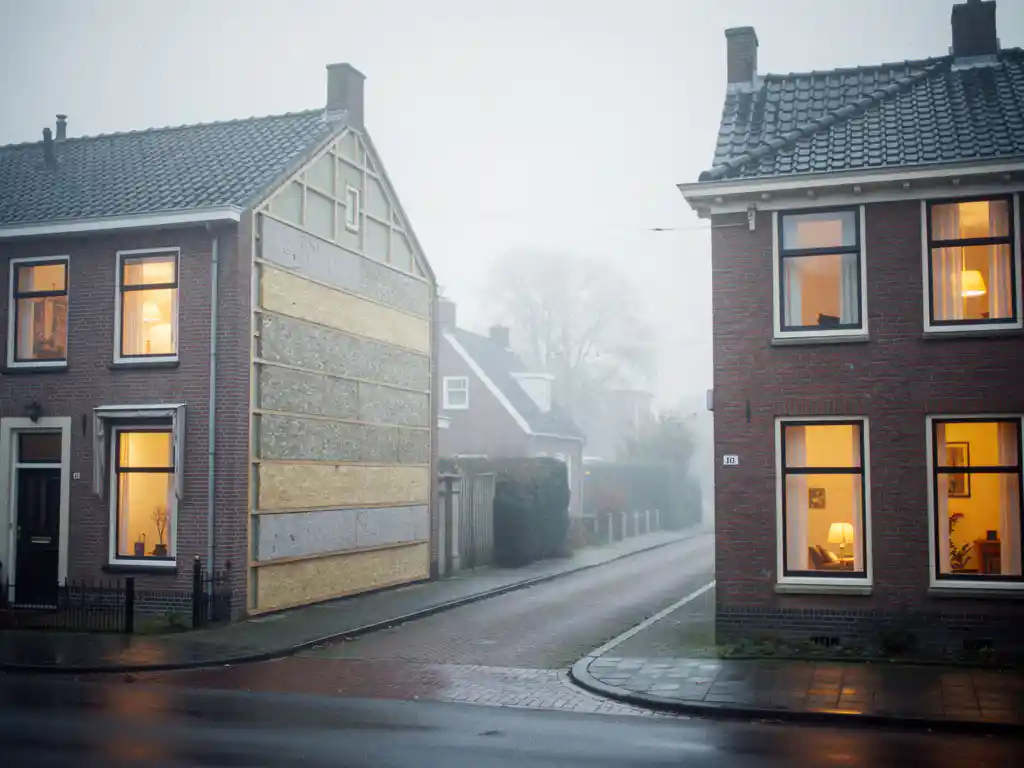 Hoekwoning met zichtbare spouwmuurisolatie naast rijtjeshuis op rustige Nederlandse woonstraat, warm licht door dubbele beglazing.