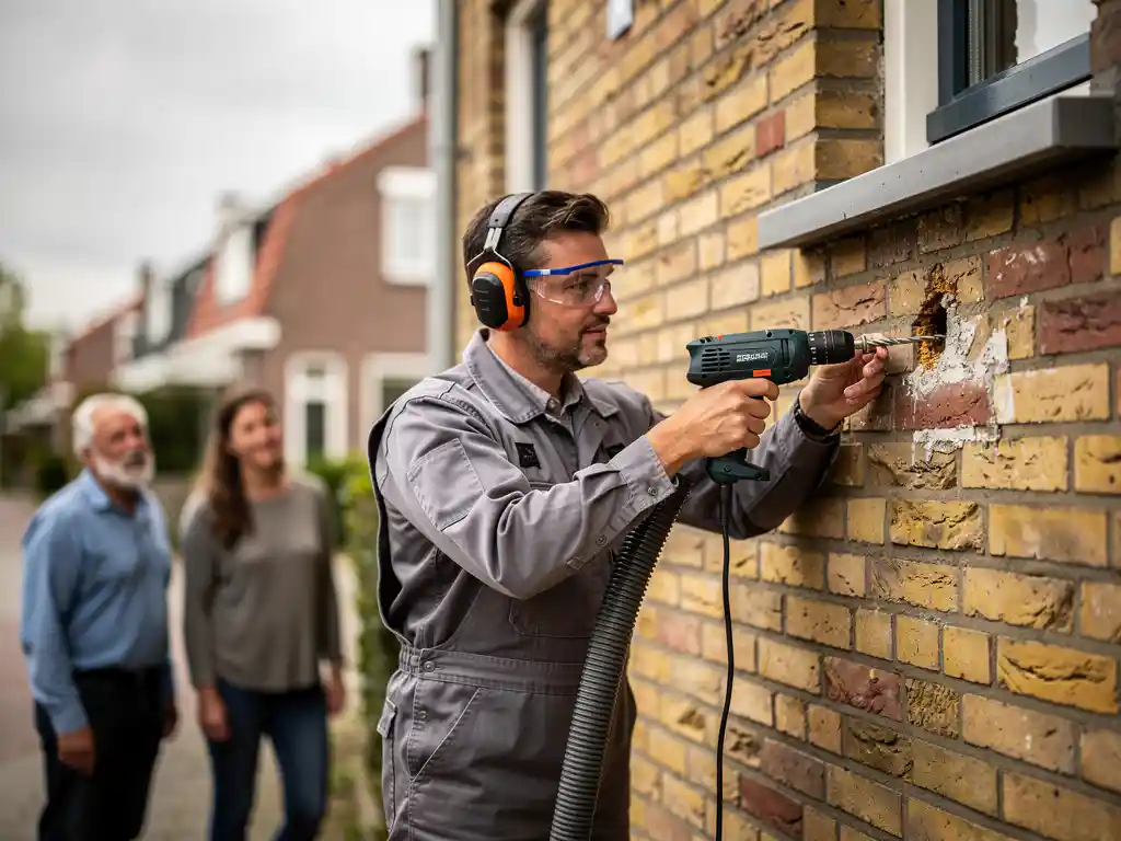 Installateur boort gat in spouwmuur van bakstenen huurwoning voor isolatie, verhuurder en huurder kijken toe op de achtergrond.