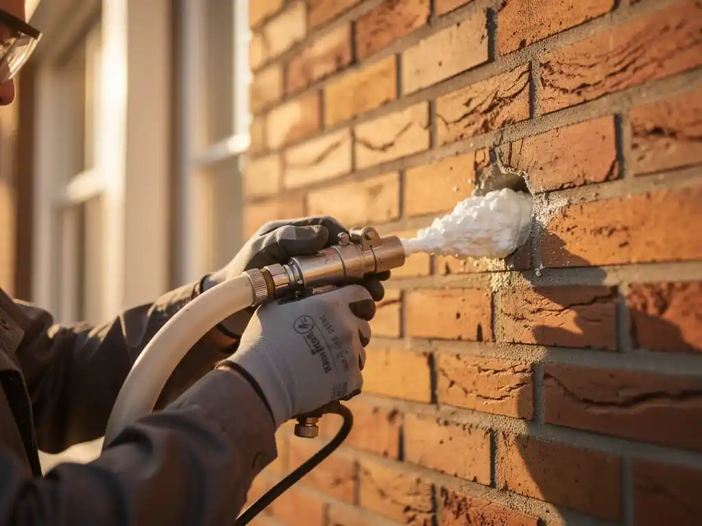 Vakman injecteert spouwmuurisolatie via boorgat in terracotta bakstenen gevel van Nederlandse woning.