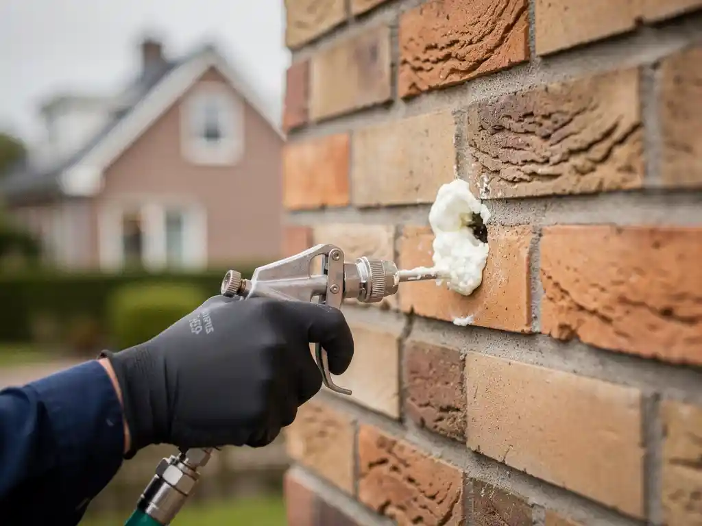 Specialist injecteert spouwmuurisolatie in geboord gat van terracotta bakstenen gevel, wit schuim zichtbaar aan de mondstukpunt.