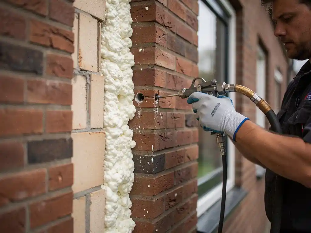 Isolatiespecialist injecteert schuim in boorgat van rode bakstenen spouwmuur bij Nederlandse rijtjeswoning.