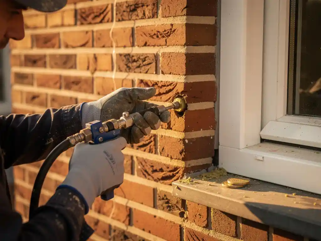 Vakman injecteert spouwmuurisolatie in baksteen gevel, euro op vensterbank zichtbaar, warme terracottakleuren in middaglicht.