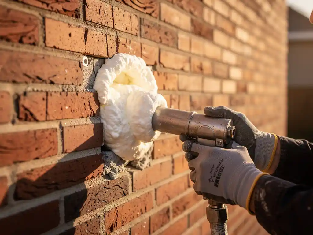 Vakman injecteert spouwmuurisolatie in rode bakstenen gevel van Nederlandse woning, witte isolatieschuim zichtbaar in boorgat.