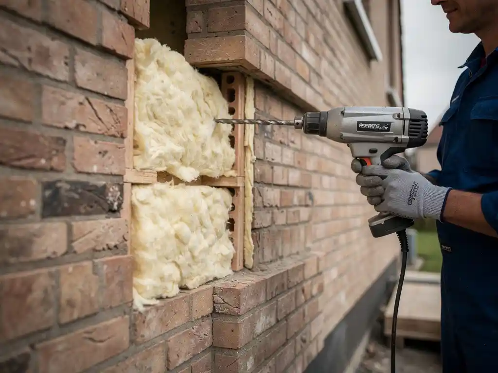 Vakman boort in spouwmuur van Nederlandse rijtjeswoning voor het injecteren van spouwmuurisolatie met minerale wol.