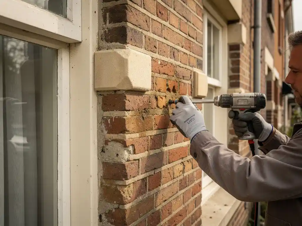 Specialist boort in rood bakstenen gevel van jaren 30 rijtjeshuis voor spouwmuurisolatie-injectie, houten kozijnen zichtbaar.