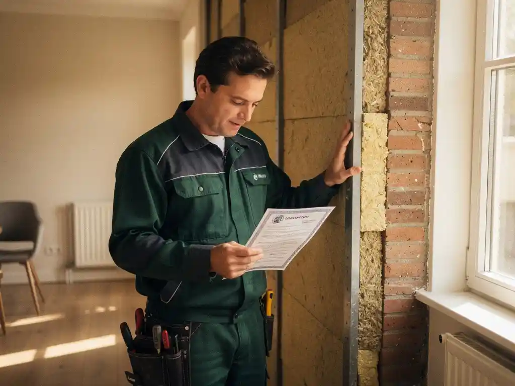 Gecertificeerde isolatiespecialist inspecteert KOMO-keurmerkdocument naast doorgesneden spouwmuurisolatie in Nederlandse woning.
