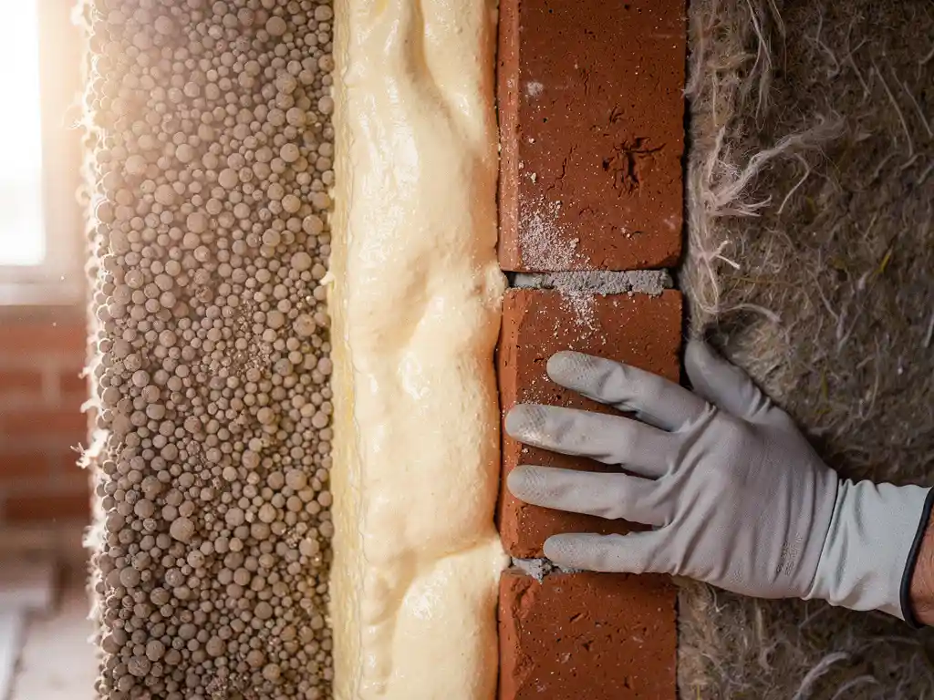 Doorsnede van een spouwmuur met losse vulkorrels, spuitschuim en minerale wol, aangeraakt door een gehandschoende specialist.