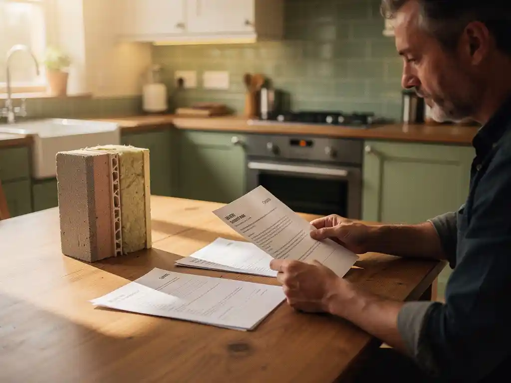 Huiseigenaar vergelijkt twee offertes voor spouwmuurisolatie aan keukentafel met isolatiemateriaal als staal ernaast.