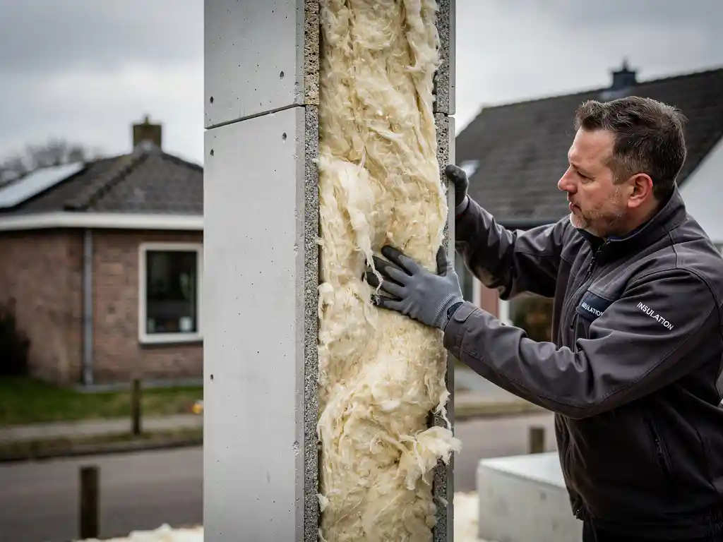 Specialist perst isolatiewol in de spouwmuur van een prefab betonnen woning in een Nederlandse woonwijk.