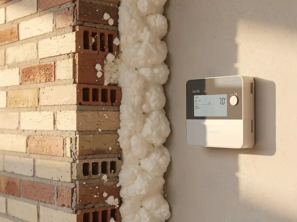 Doorsnede van een Nederlandse spouwmuur met vers ingespoten witte isolatieschuim en een energiemeter die laag verbruik toont.