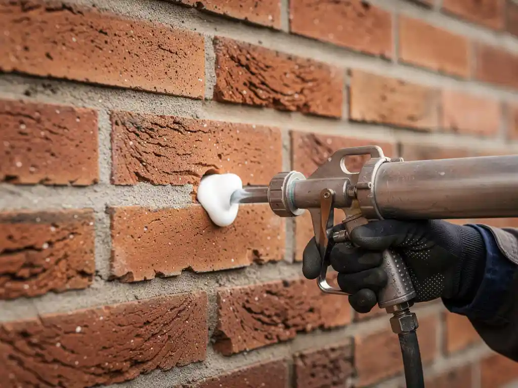 Installateur injecteert spouwmuurisolatie via boorgat in traditionele Nederlandse bakstenen gevel, wit schuim zichtbaar aan oppervlak.