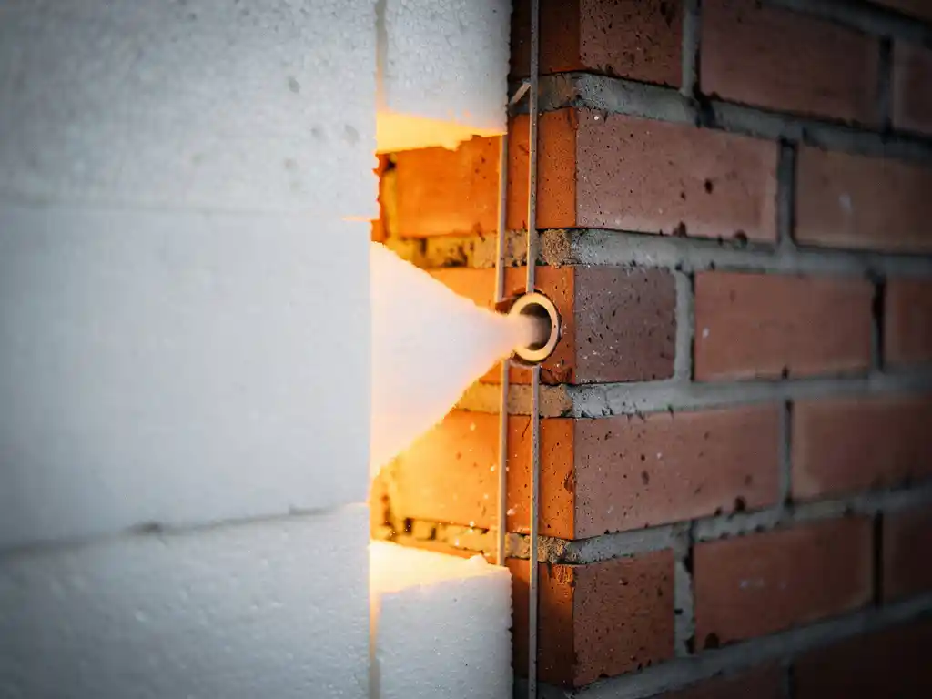 Spouwmuurisolatie in Nederlandse bakstenen muur, witte isolatieschuim geïnjecteerd via boorgat, warm gouden binnenlicht zichtbaar.
