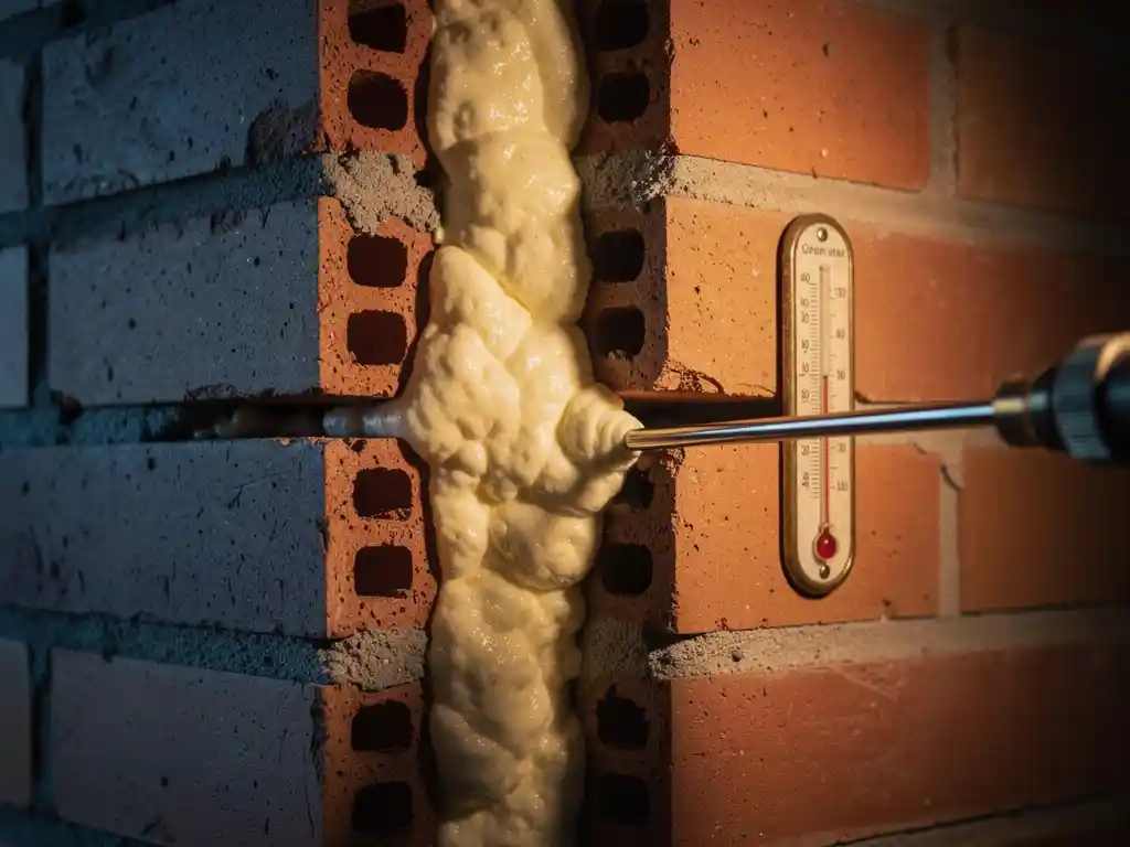 Spouwmuurisolatie in Nederlandse bakstenen muur met schuiminjectie, koude buitenzijde en warme amberkleurige binnenzijde zichtbaar.