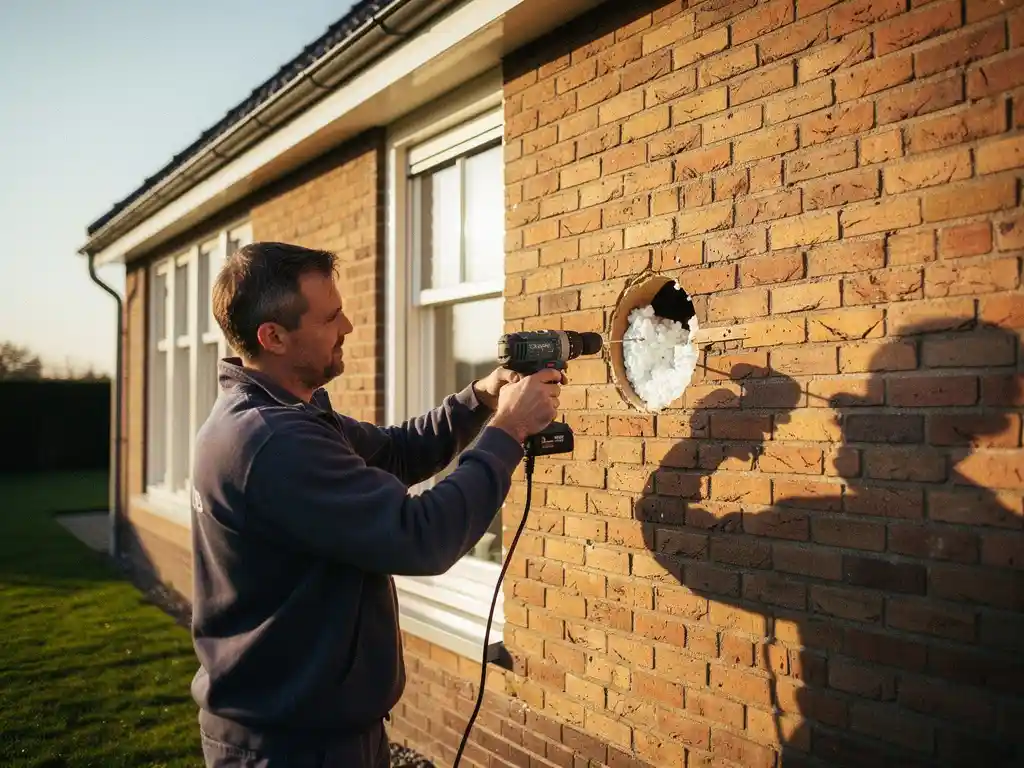 Specialist die spouwmuurisolatie injecteert in terracotta bakstenen gevel van Nederlandse vrijstaande woning, witte isolatiestof zichtbaar.