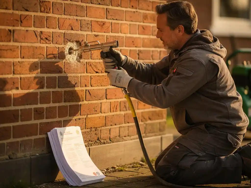 Aannemer injecteert spouwmuurisolatie in rood Hollands metselwerk, met een subsidiedocument tegen de muur.