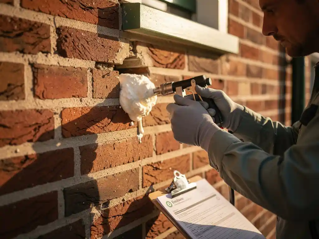 Gecertificeerde technicus injecteert spouwmuurisolatie via boorgat in rode bakstenen gevel, met subsidiepapieren op klembord tegen de muur.
