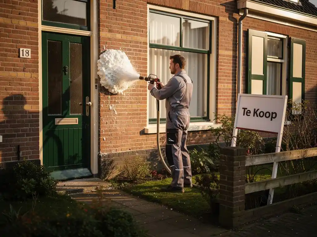 Installateur injecteert spouwmuurisolatie in rode bakstenen gevel van Nederlandse woning met Te Koop-bord tegen tuinhek.