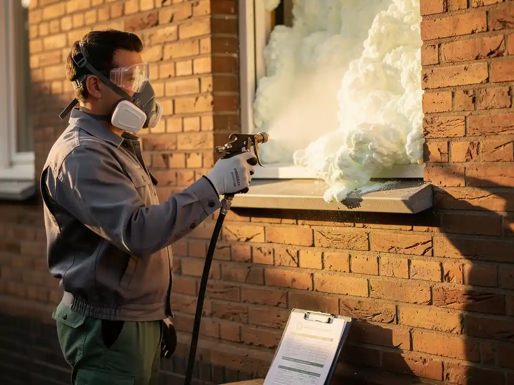 Gecertificeerde isolatietechnicus die spouwmuurisolatie inspuit in een Nederlandse bakstenen gevel, energiebeoordelingsformulier op klembord ernaast.