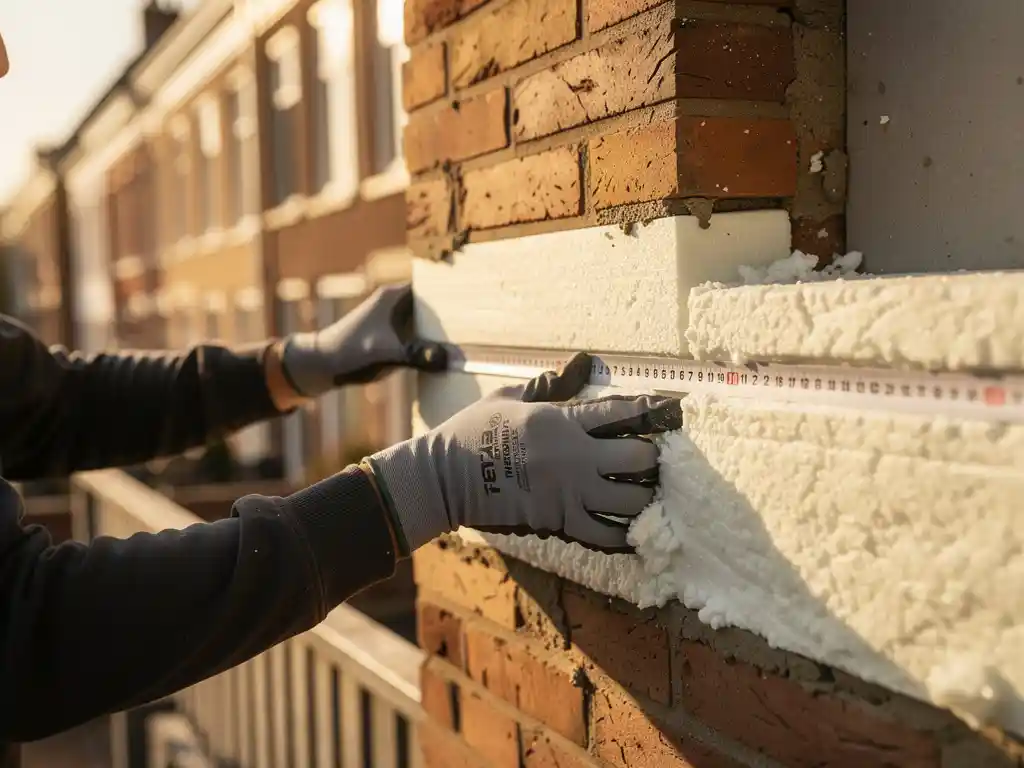 Isolatiemonteur met handschoenen die witte spouwmuurisolatie in bakstenen muur drukt, meetlint over de spouwruimte gespannen.