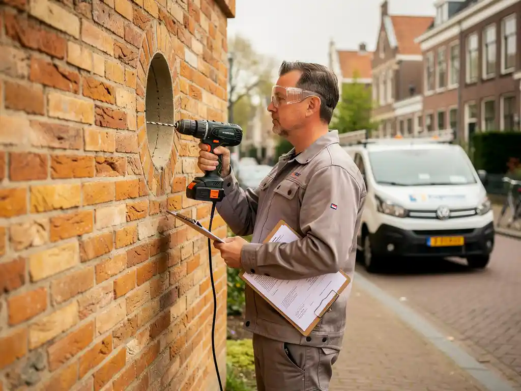 Spouwmuurisolatie monteur boort gat in terracotta bakstenen gevel, offerteklembord onder arm, witte bedrijfsbus op woonstraat op achtergrond.