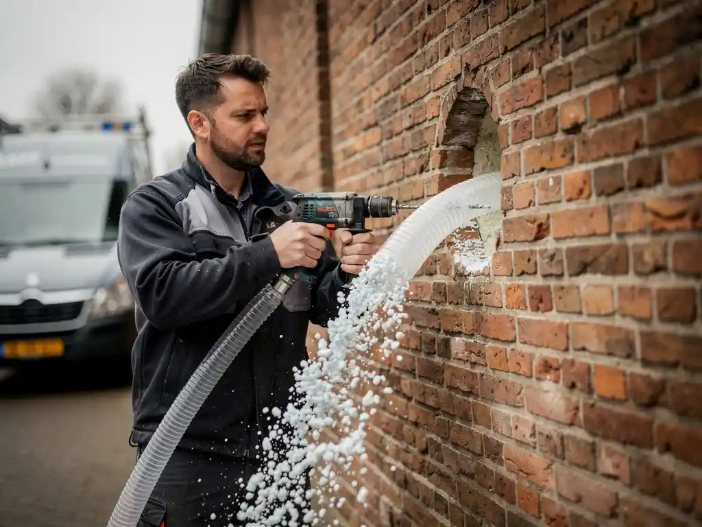Spouwmuurisolatie technicus boort gat in bakstenen gevel, witte isolatiegranules stromen via slang in de spouwmuur.