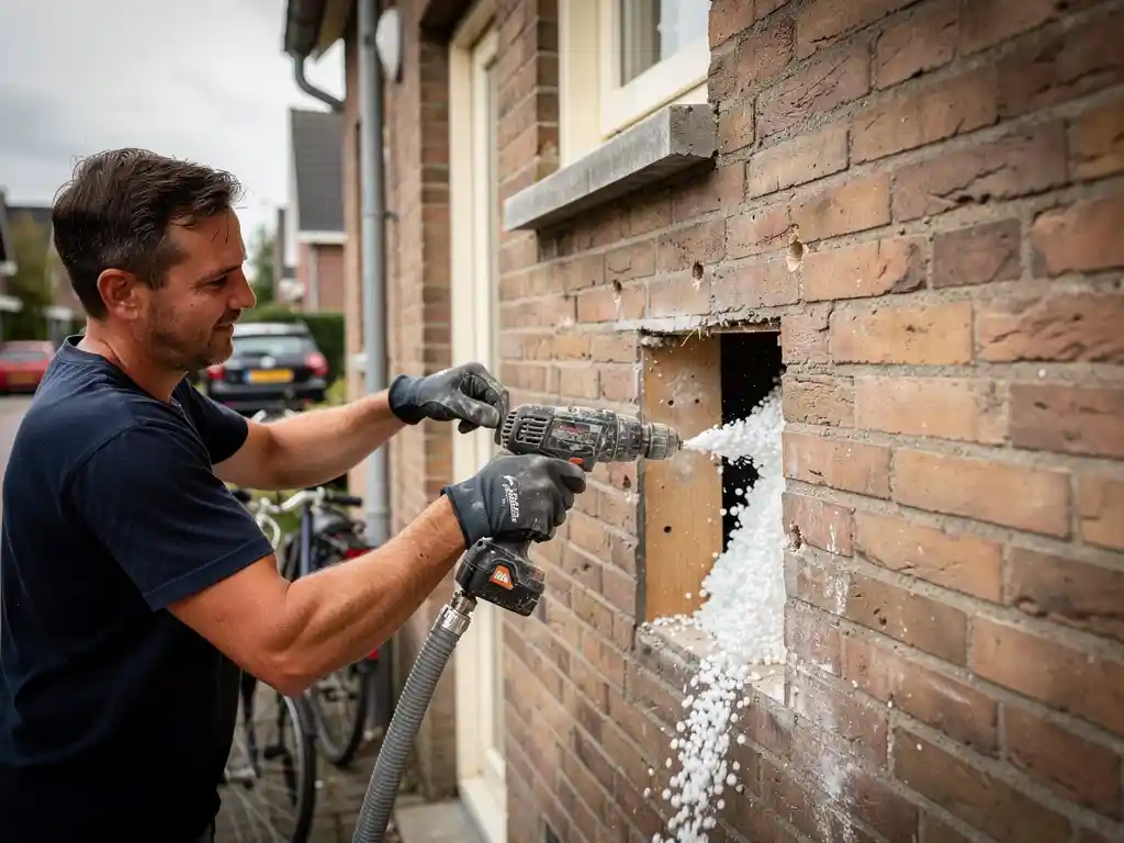 Isolatietechnicus boort gat in spouwmuur van terracotta bakstenen woning, witte isolatiegranules stromen via slang de muur in.