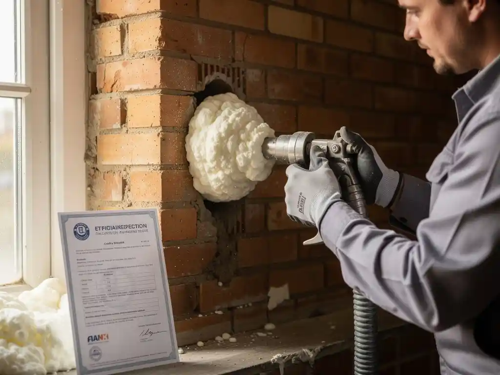 Gecertificeerde technicus injecteert spouwmuurisolatie in bakstenen muur, wit schuim vult de holte, inspectieattest leunt tegen het metselwerk.