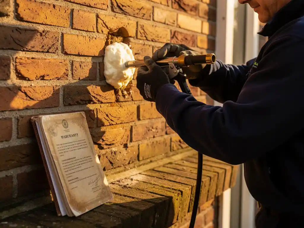 Gecertificeerde isolatietechnicus injecteert spouwmuurisolatie via geboord gat in Nederlandse bakstenen gevel, met lederen garantiedocument tegen de muur.