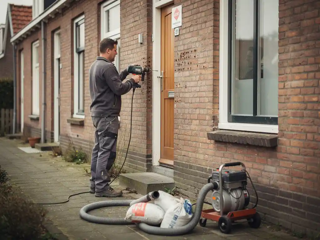 Technicus boort injectieopeningen in de bakstenen gevel van een Nederlandse rijtjeswoning voor spouwmuurisolatie, verhuurbord zichtbaar bij voordeur.