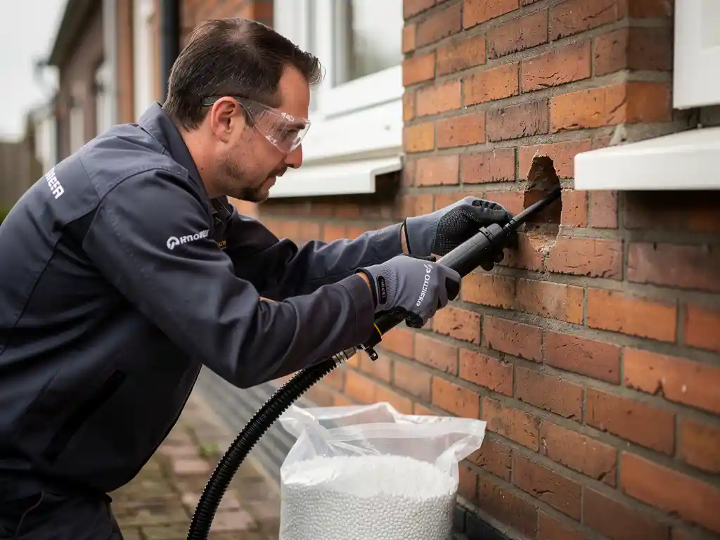 Technicus injecteert isolatieparels via een boorgat in een rode bakstenen buitenmuur van een Nederlandse woning.