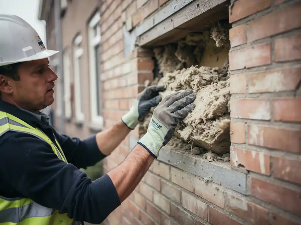 Bouwvakker verwijdert aangetaste spouwmuurisolatie uit bakstenen muur, kruimelend vochtig schuimmateriaal zichtbaar tussen de wandlagen.