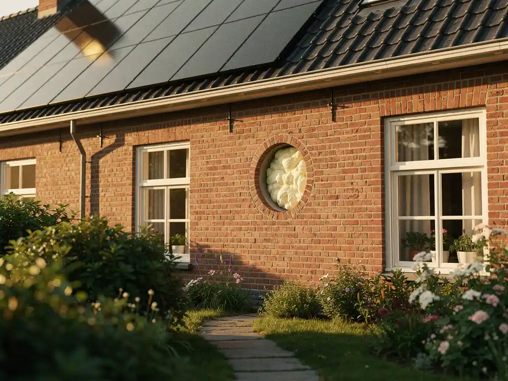 Nederlandse rijtjeswoning met spouwmuurisolatie zichtbaar in geboord gat, zonnepanelen op pannendak, groene voortuin op zonnige middag.