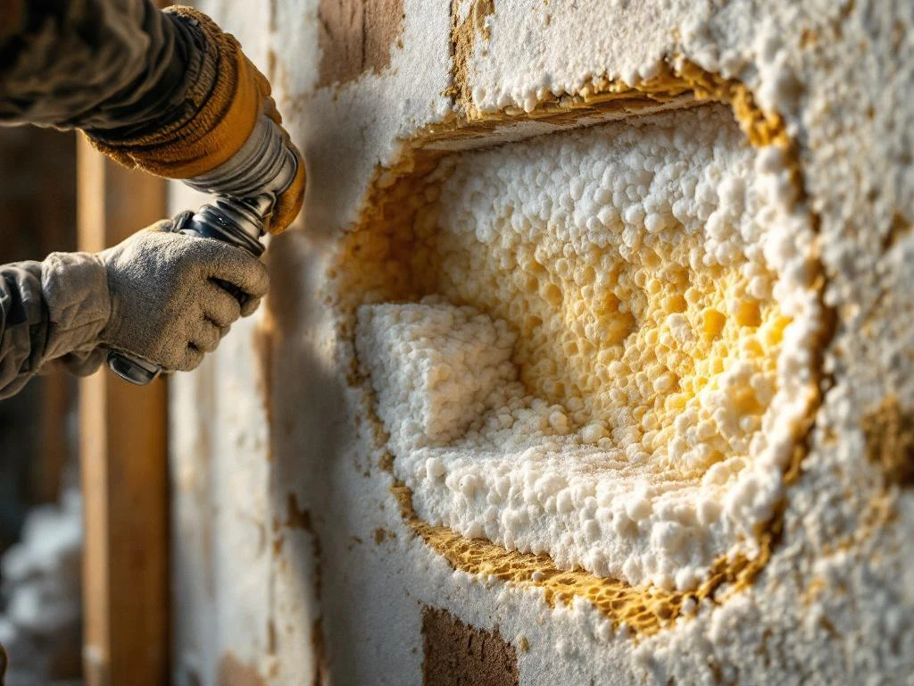 Doorsnede van open-cel en gesloten-cel spuitschuim isolatie in muurholte, arbeider past materiaal toe met handschoen