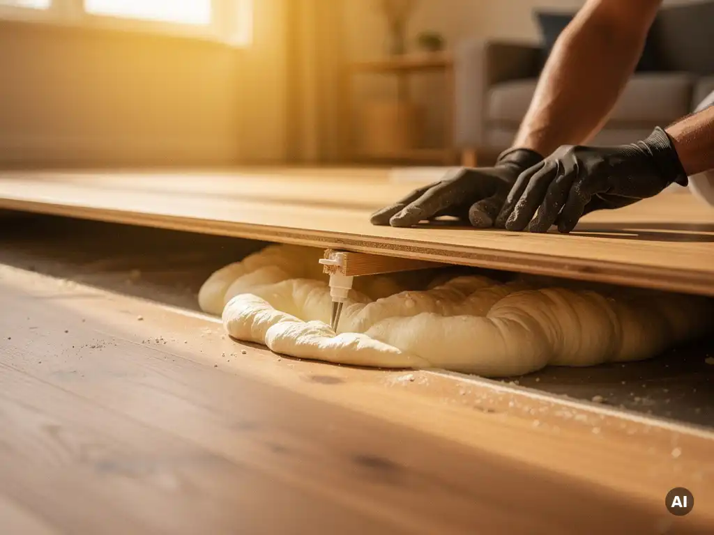 Installateur injecteert PU-schuim onder opgetilde houten vloerplank in Nederlandse woning, wit schuim zichtbaar in kruipruimte.