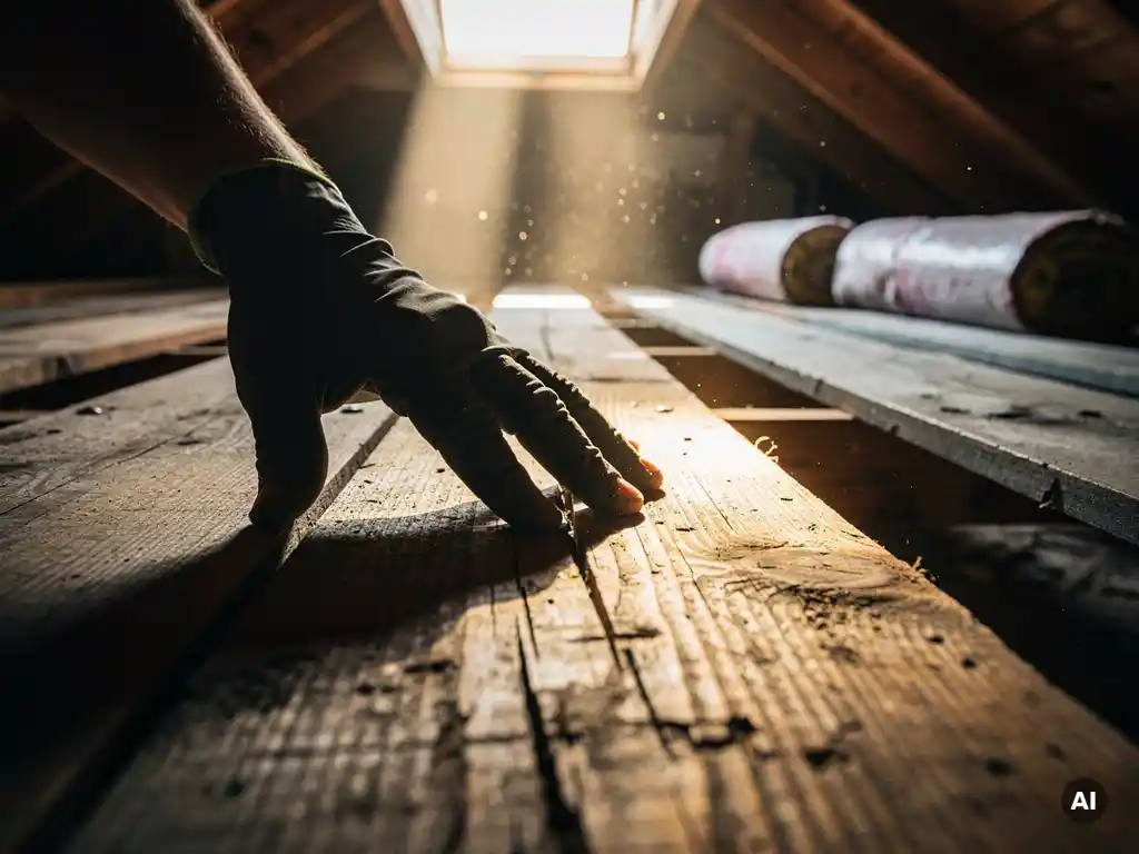 Gehandschoende hand die een verweerde houten zoldervloerplank test op stabiliteit, met zichtbare balken en isolatie op de achtergrond.