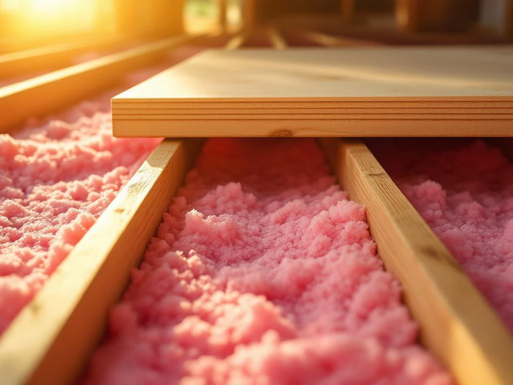 Houten vloerbalken met roze glaswol isolatie ertussen, gedeeltelijk geïnstalleerde vloerplank toont bouwproces