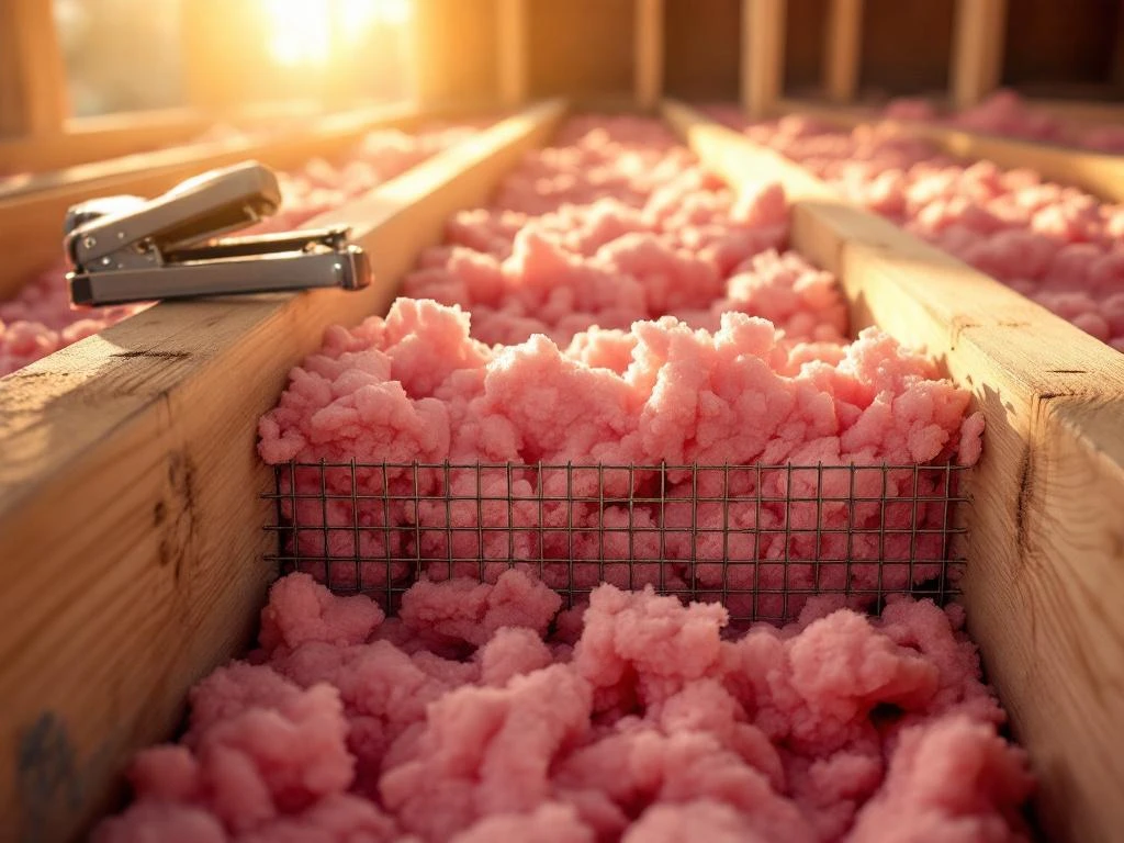 Houten vloerbalken met roze isolatiemateriaal tussen de balken, vastgehouden door draadgaas, bouwgereedschap zichtbaar