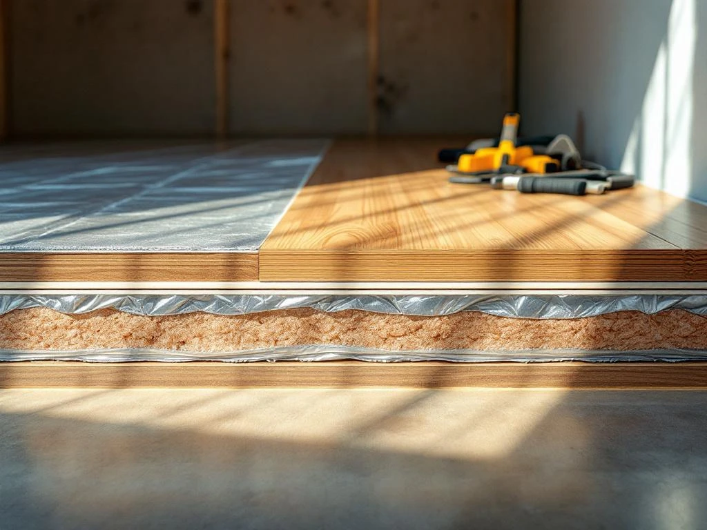 Dwarsdoorsnede van moderne vloerinstallatie met zilveren isolatiemateriaal onder hardhouten planken, gereedschap nabij
