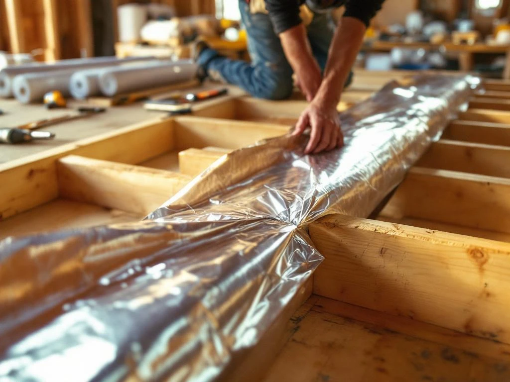Aannemer installeert zilverkleurige dampscherm tussen houten vloerbalken, isolatiemateriaal op achtergrond