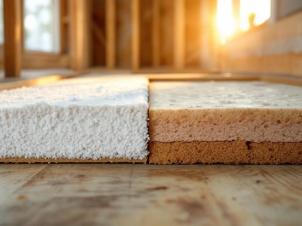 Doorsnede van huisvloer met isolatiemateriaal onder houten planken, verse en verouderde isolatie zichtbaar