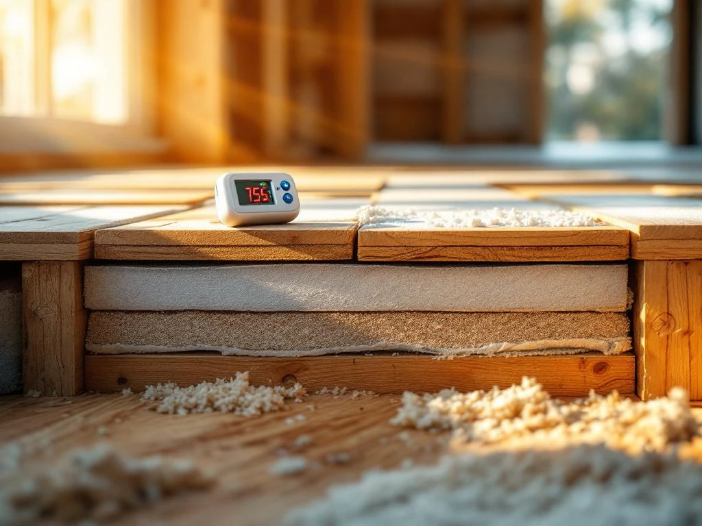 Doorsnede van huisvloer met isolatiematerialen, schuimpanelen en reflecterende barrières onder houten planken