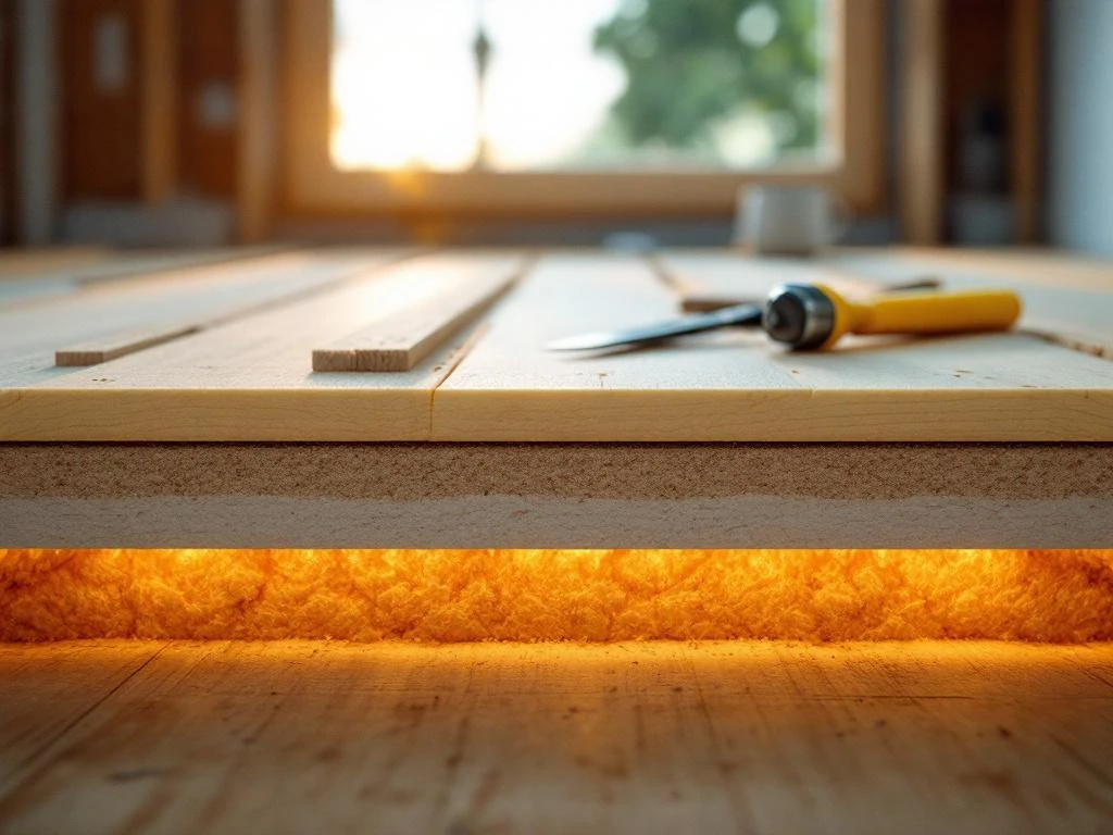 Dwarsdoorsnede van vloerisolatie met minerale wol en schuimplaten onder houten vloerplanken, bouwgereedschap zichtbaar