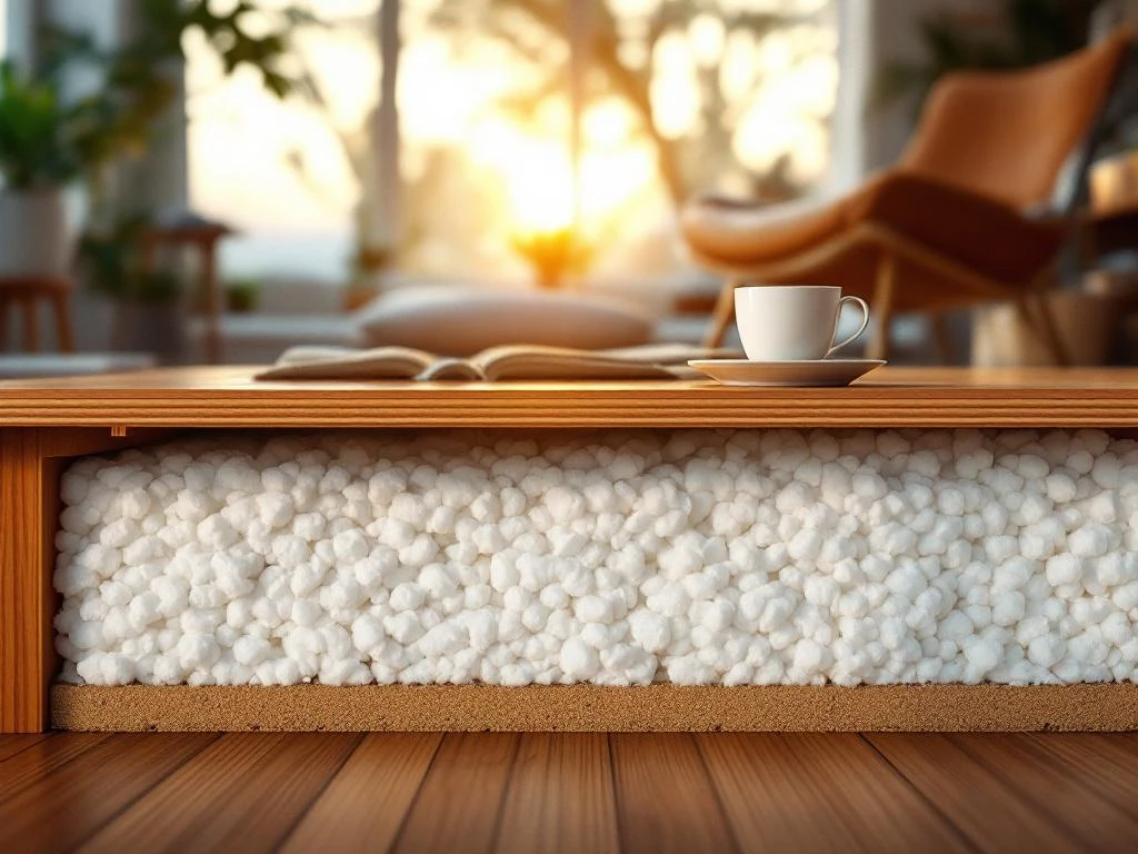 Doorsnede van houten vloer met witte isolatiemateriaal eronder, warme woonkamer met fauteuil en koffiekopje zichtbaar