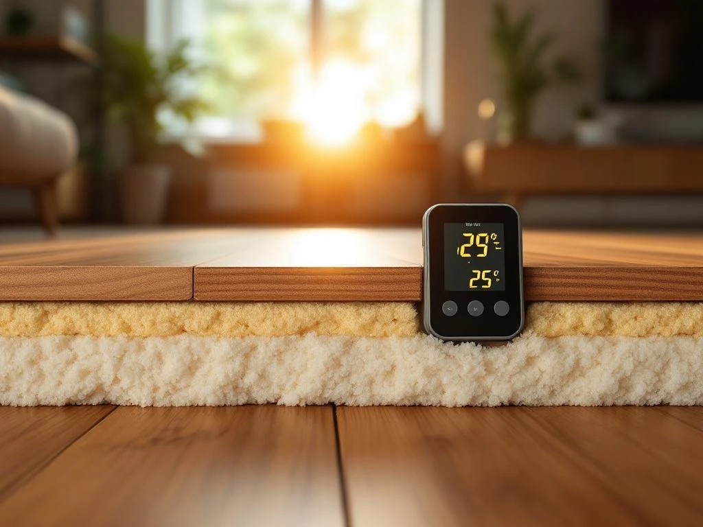 Doorsnede van moderne vloer met dikke isolatie onder houten planken, digitale thermometer toont comfortabele temperatuur