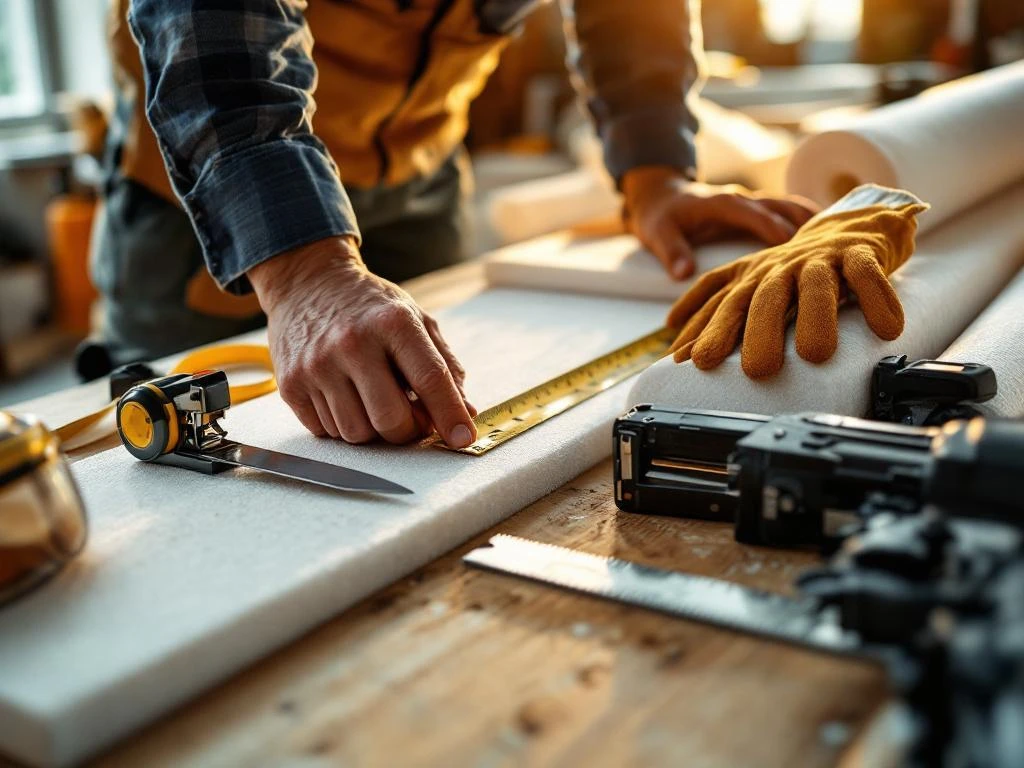 Aannemershanden rangschikken isolatiegereedschap op houten werkbank met meetlint, snijmes en veiligheidsuitrusting