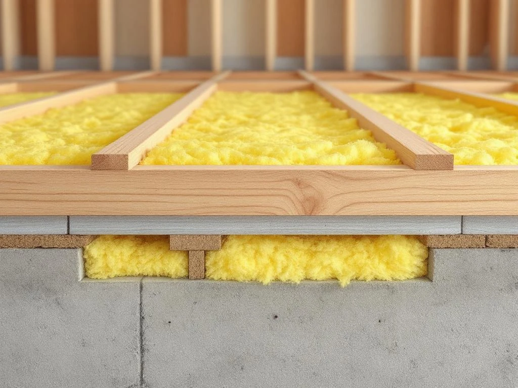 Doorsnede van moderne woningfundatie met gele glaswol isolatie tussen houten vloerbalken en betonnen fundering