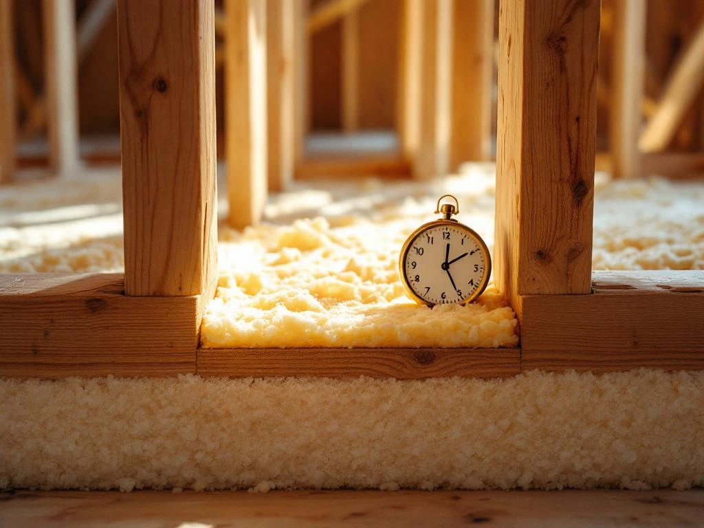 Doorsnede van moderne vloerisolatie tussen houten balken met zichtbare vezelstructuur en natuurlijke verlichting