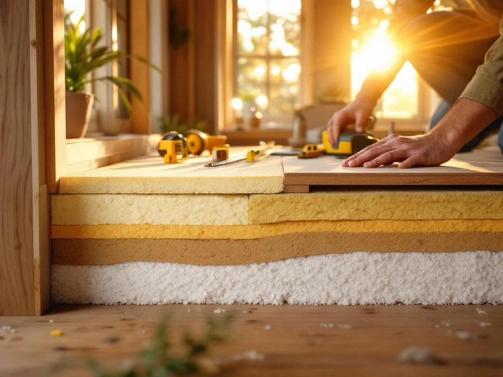 Aannemer installeert isolatiemateriaal onder houten vloer in moderne woning met gereedschap op ondergrond